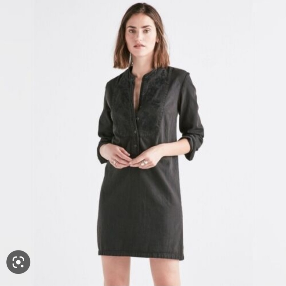 Lucky Brand Popover Black Embroidered denim dress